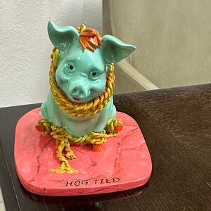PIG INVASION Hog Tied Ceramic Figurine - Turquoise Green & Pink CUTE!!